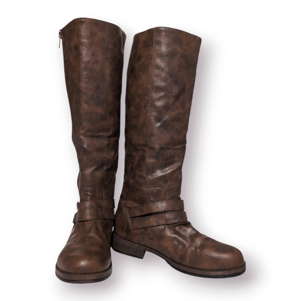 Journee Collection Women Side-Zipper Double Buckle Knee-Hi Vegan Leather Size 10